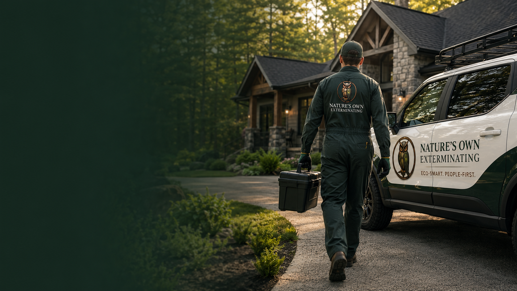 Nature's Own Exterminating service technician walking toward a home beside a branded service truck
